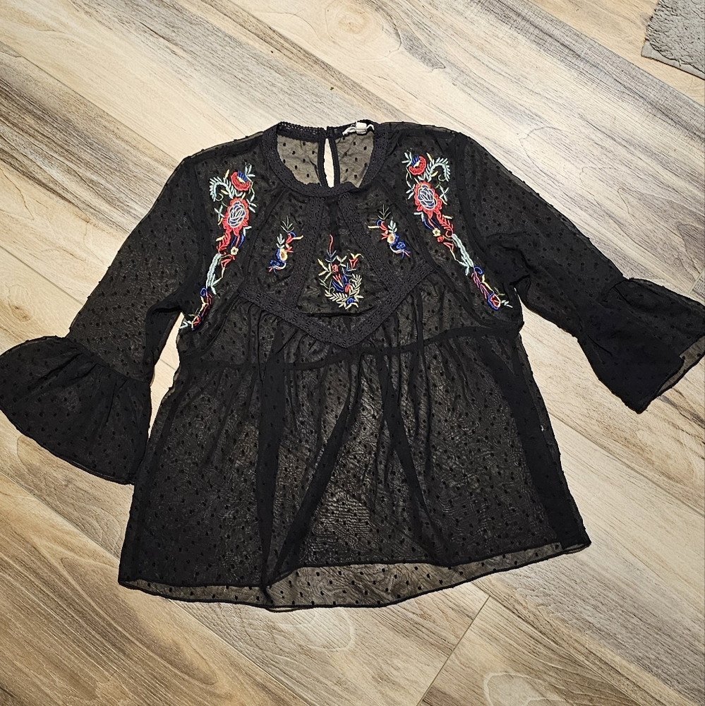 Rebellion Black Red Embroidered Peplum Blouse